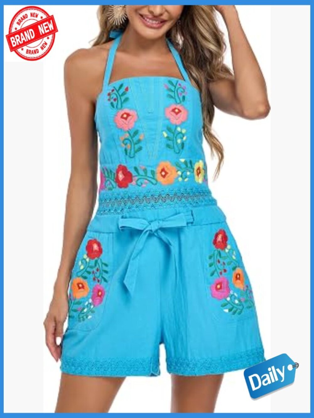 Floral Embroidered Sleeveless Halter Jumpsuit with Pockets